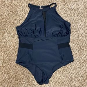 Black High Neck with Mesh Cut-outs One Piece Swim